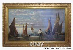 Ancienne Peinture à Huile Marine Avec Pêcheurs Et Bateaux Vue Mer tableau VS11