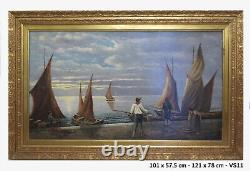 Ancienne Peinture à Huile Marine Avec Pêcheurs Et Bateaux Vue Mer tableau VS11