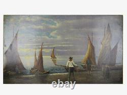 Ancienne Peinture à Huile Marine Avec Pêcheurs Et Bateaux Vue Mer tableau VS11