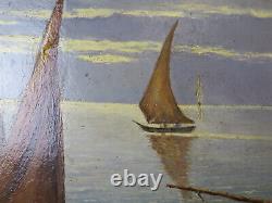 Ancienne Peinture à Huile Marine Avec Pêcheurs Et Bateaux Vue Mer tableau VS11