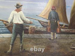 Ancienne Peinture à Huile Marine Avec Pêcheurs Et Bateaux Vue Mer tableau VS11