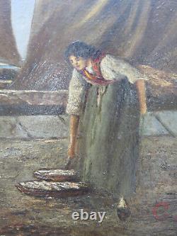 Ancienne Peinture à Huile Marine Avec Pêcheurs Et Bateaux Vue Mer tableau VS11