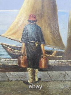 Ancienne Peinture à Huile Marine Avec Pêcheurs Et Bateaux Vue Mer tableau VS11