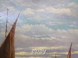 Ancienne Peinture à Huile Marine Avec Pêcheurs Et Bateaux Vue Mer tableau VS11