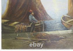 Ancienne Peinture à Huile Marine Avec Pêcheurs Et Bateaux Vue Mer tableau VS11
