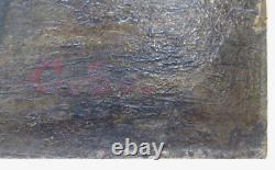 Ancienne Peinture à Huile Marine Avec Pêcheurs Et Bateaux Vue Mer tableau VS11