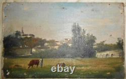 Ancienne huile sur panneau tableau painting Berry Indre campagne vaches