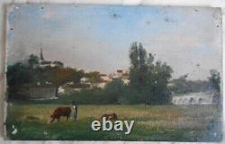 Ancienne huile sur panneau tableau painting Berry Indre campagne vaches