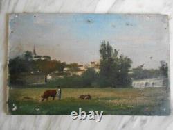 Ancienne huile sur panneau tableau painting Berry Indre campagne vaches