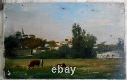 Ancienne huile sur panneau tableau painting Berry Indre campagne vaches