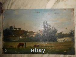 Ancienne huile sur panneau tableau painting Berry Indre campagne vaches