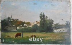 Ancienne huile sur panneau tableau painting Berry Indre campagne vaches