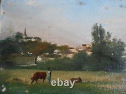 Ancienne huile sur panneau tableau painting Berry Indre campagne vaches