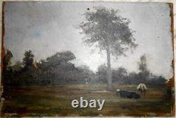 Ancienne huile sur panneau tableau painting Berry Indre paysage campagne vaches