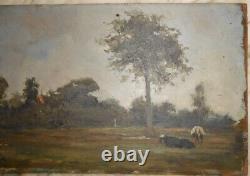 Ancienne huile sur panneau tableau painting Berry Indre paysage campagne vaches