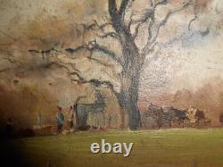 Ancienne huile sur panneau tableau painting Berry Indre paysage vaches vachers