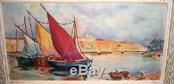 Ancienne marine huile sur panneau tableau avec port et des bateaux signé Wiest