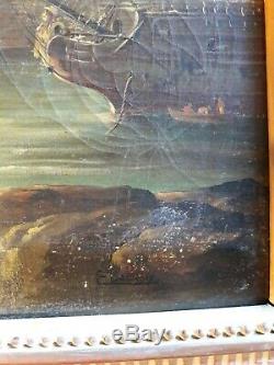 Ancienne peinture grand tableau sur toile scène de port marine signée