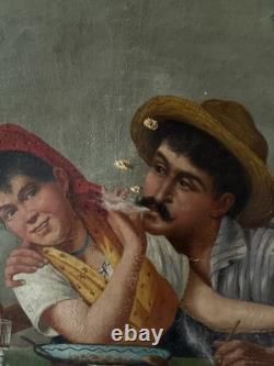 Ancienne peinture italienne huile sur toile couples non signee Tableaux Ancien