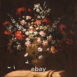 Ancienne peinture nature morte vase fleurs huile sur toile tableau 18ème siècle
