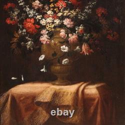 Ancienne peinture nature morte vase fleurs huile sur toile tableau 18ème siècle