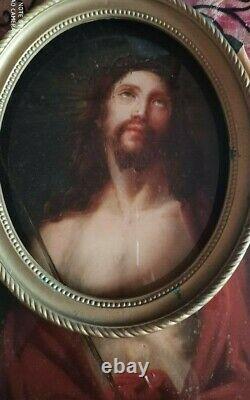 Ancienne peinture religieuse Jesus tableau huile sur toile collée au vitre 19s