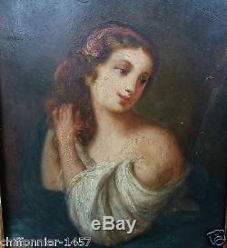 Anonyme Tableau ancien huile sur bois époque XIXème jeune femme se coiffant (4F)