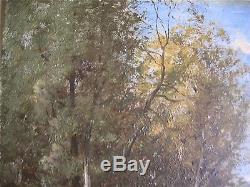 Au bord de l'eau Tableau ancien Ad. LELEUX (n°1) Barbizon Impressionniste Corot