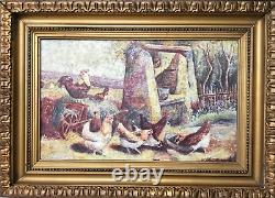 BASSE COUR non signé tableau peinture ancien vintage antique coq poule ferme £