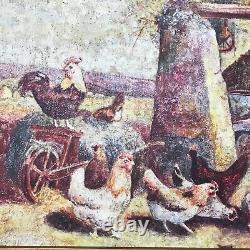 BASSE COUR non signé tableau peinture ancien vintage antique coq poule ferme £