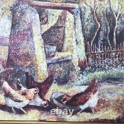 BASSE COUR non signé tableau peinture ancien vintage antique coq poule ferme £