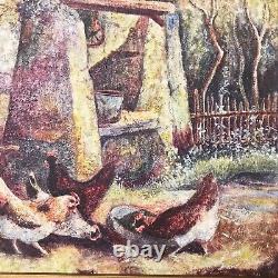 BASSE COUR non signé tableau peinture ancien vintage antique coq poule ferme £