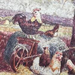 BASSE COUR non signé tableau peinture ancien vintage antique coq poule ferme £