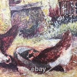 BASSE COUR non signé tableau peinture ancien vintage antique coq poule ferme £