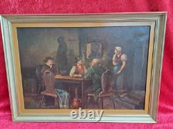 Beau Ancien Tableau À L'huile Sur Toile Signé In der Wirtschaft