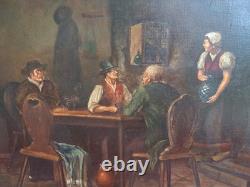 Beau Ancien Tableau À L'huile Sur Toile Signé In der Wirtschaft