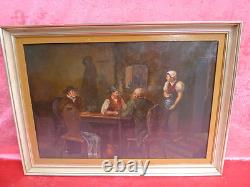 Beau Ancien Tableau À L'huile Sur Toile Signé In der Wirtschaft