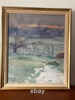 Beau Tableau Ancien H/toile Paysage -g-albert 1892 -prairie Soleil Couchant