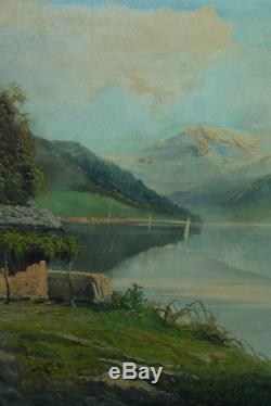 Beau Tableau Ancien Paysage De Montagne Signé Carlo Casati Maison Lac Léman