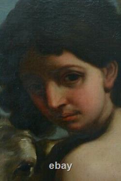Beau Tableau Ancien Portrait de Saint Jean Baptiste Adolescent Agneau Dieu Cadre