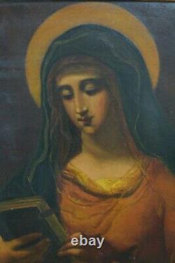 Beau Tableau Ancien Portrait de Vierge au livre Annonciation Auréole Cadre doré