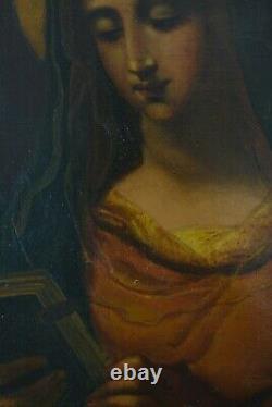 Beau Tableau Ancien Portrait de Vierge au livre Annonciation Auréole Cadre doré