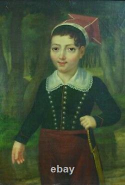Beau Tableau Ancien Portrait jeune Garçon Uniforme Empire sabre Boissier 1824