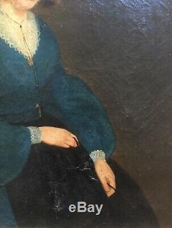 Beau Tableau Ancien XIXe Portrait Femme Elégante Camée Robe Bleu Daté Signature