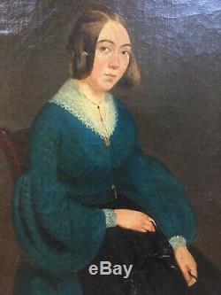 Beau Tableau Ancien XIXe Portrait Femme Elégante Camée Robe Bleu Daté Signature