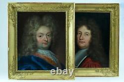 Beau Tableau Ancien portrait 17ème homme de qualité Perruque Rouen Vignon x 2