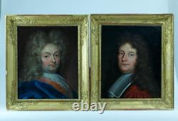 Beau Tableau Ancien portrait 17ème homme de qualité Perruque Rouen Vignon x 2