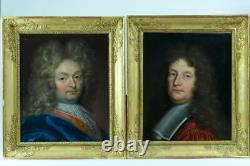 Beau Tableau Ancien portrait 17ème homme de qualité Perruque Rouen Vignon x 2