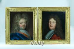 Beau Tableau Ancien portrait 17ème homme de qualité Perruque Rouen Vignon x 2