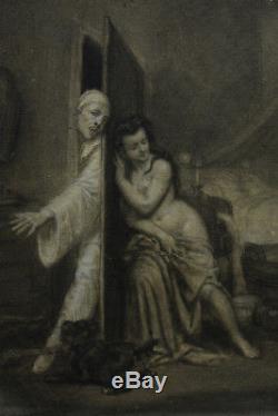 Beau Tableau Charmant dessin Romantique ancien Pierrot et colombine Arlequin 19e